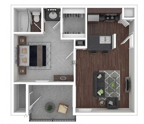 A top-down view of a small apartment layout with a kitchen, living room, and bathroom.